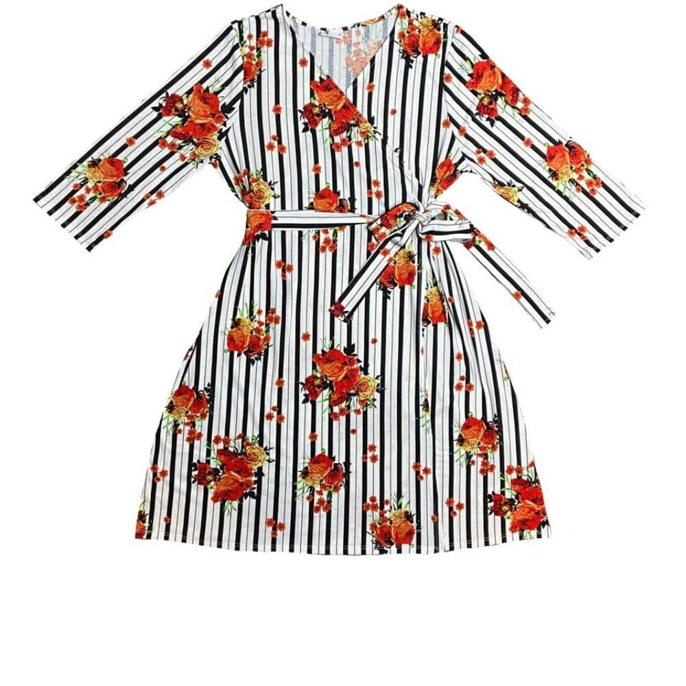 NEW Lularoe L Michelle True Wrap Dress Red White Black Stripe Floral 3/4‎ Sleeve